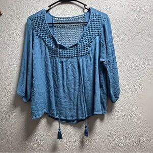 Blue Tassel Blouse 3/4 sleeve